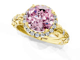 Yellow gold Fancy Pink Round Cut Halo Diamond Solitaire with Filigree Band and Four-Prong Setting_1