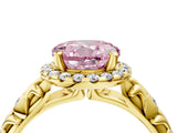 Yellow gold Fancy Pink Round Cut Halo Diamond Solitaire with Filigree Band and Four-Prong Setting_4
