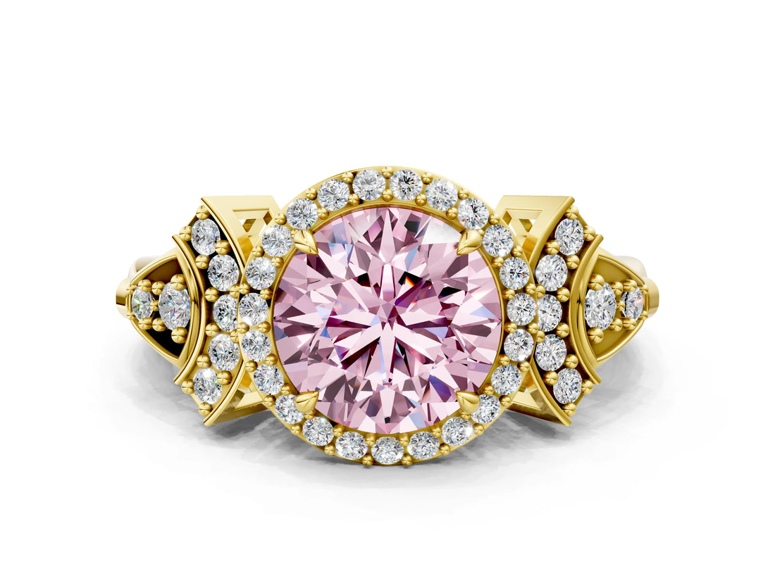 Yellow gold Fancy Pink Round Cut Halo Diamond Split Shank Engagement Ring with Four-Prong Setting