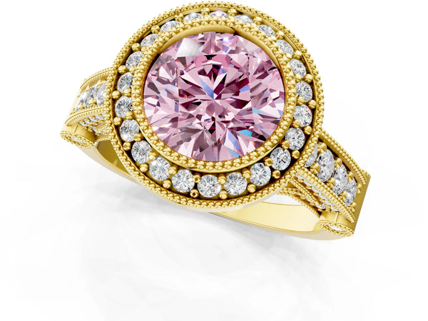 Yellow Gold Round Vintage Bezel Halo Engagement Ring Setting for Fancy Pink Center