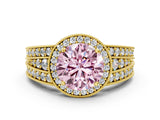 Yellow gold Fancy Pink Round Cut Halo Diamond Split Shank Ring with Prong Setting_12