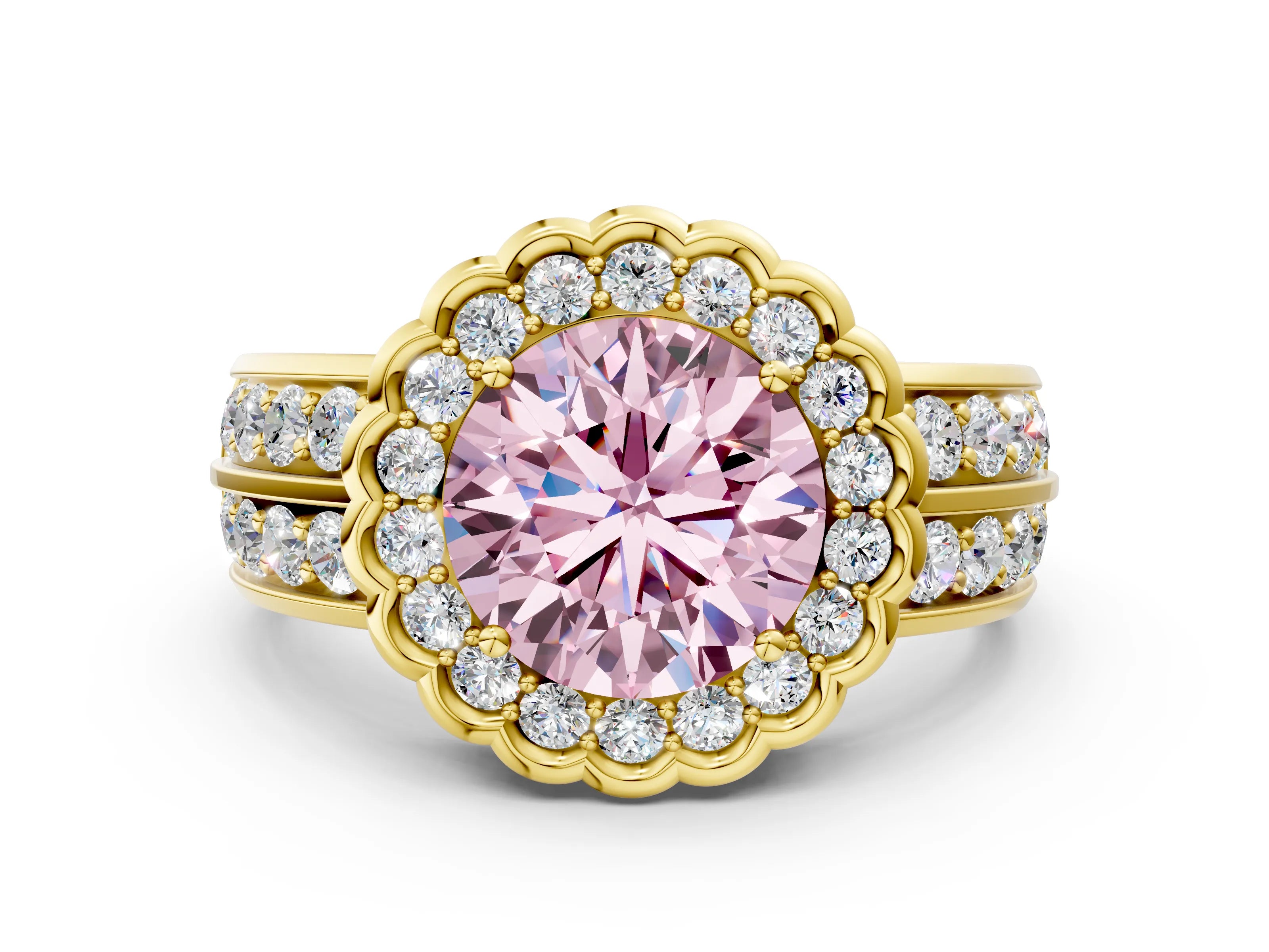 Yellow gold Fancy Pink Round Cut Halo Diamond Split Shank Ring with Scalloped Prong Setting