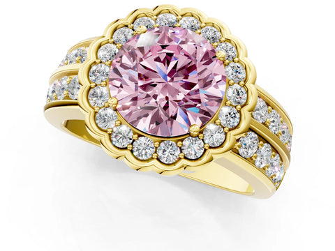 Yellow gold Fancy Pink Round Cut Halo Diamond Split Shank Ring with Scalloped Prong Setting_1