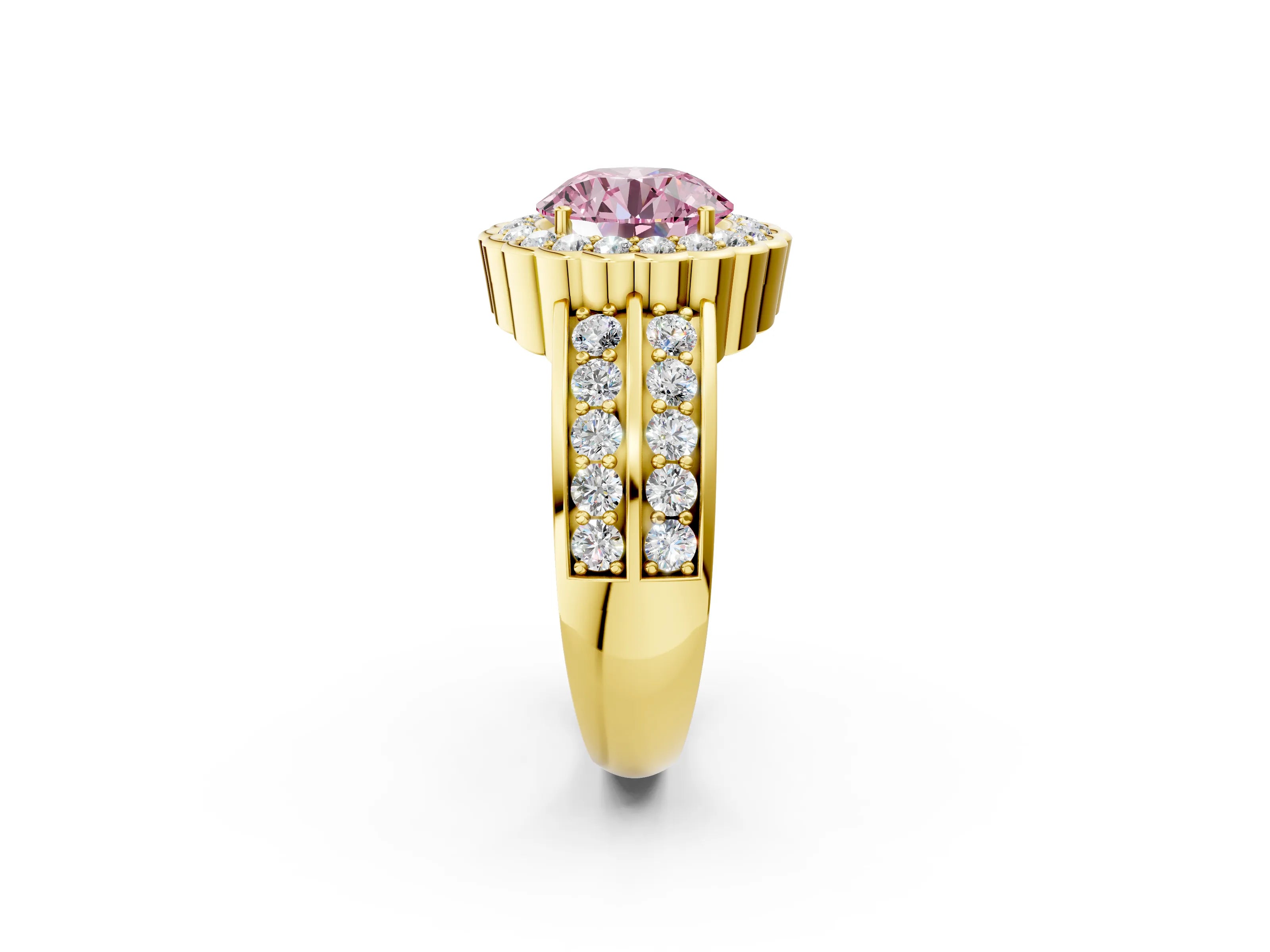 Yellow gold Fancy Pink Round Cut Halo Diamond Split Shank Ring with Scalloped Prong Setting_2