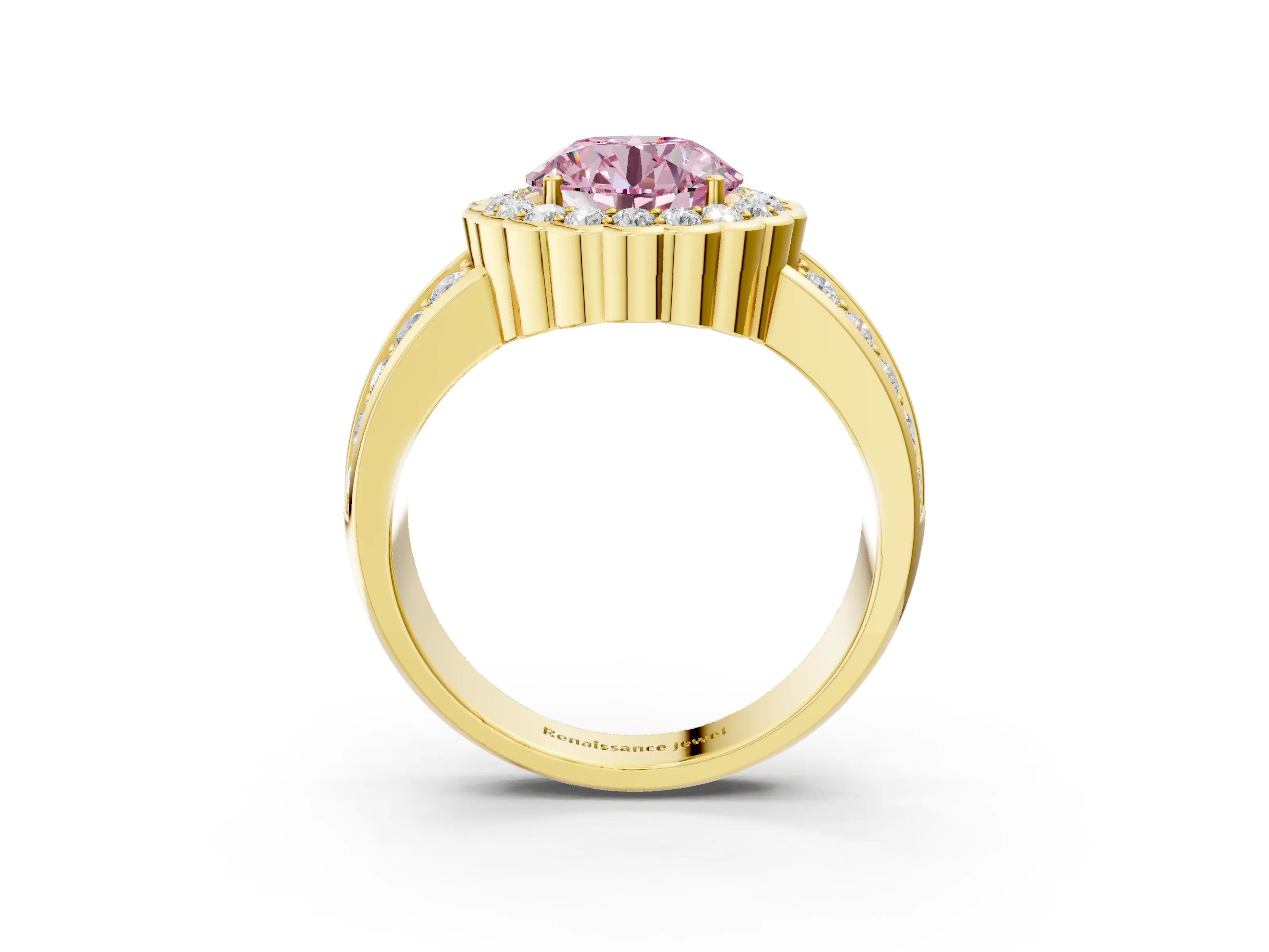 Yellow gold Fancy Pink Round Cut Halo Diamond Split Shank Ring with Scalloped Prong Setting_3