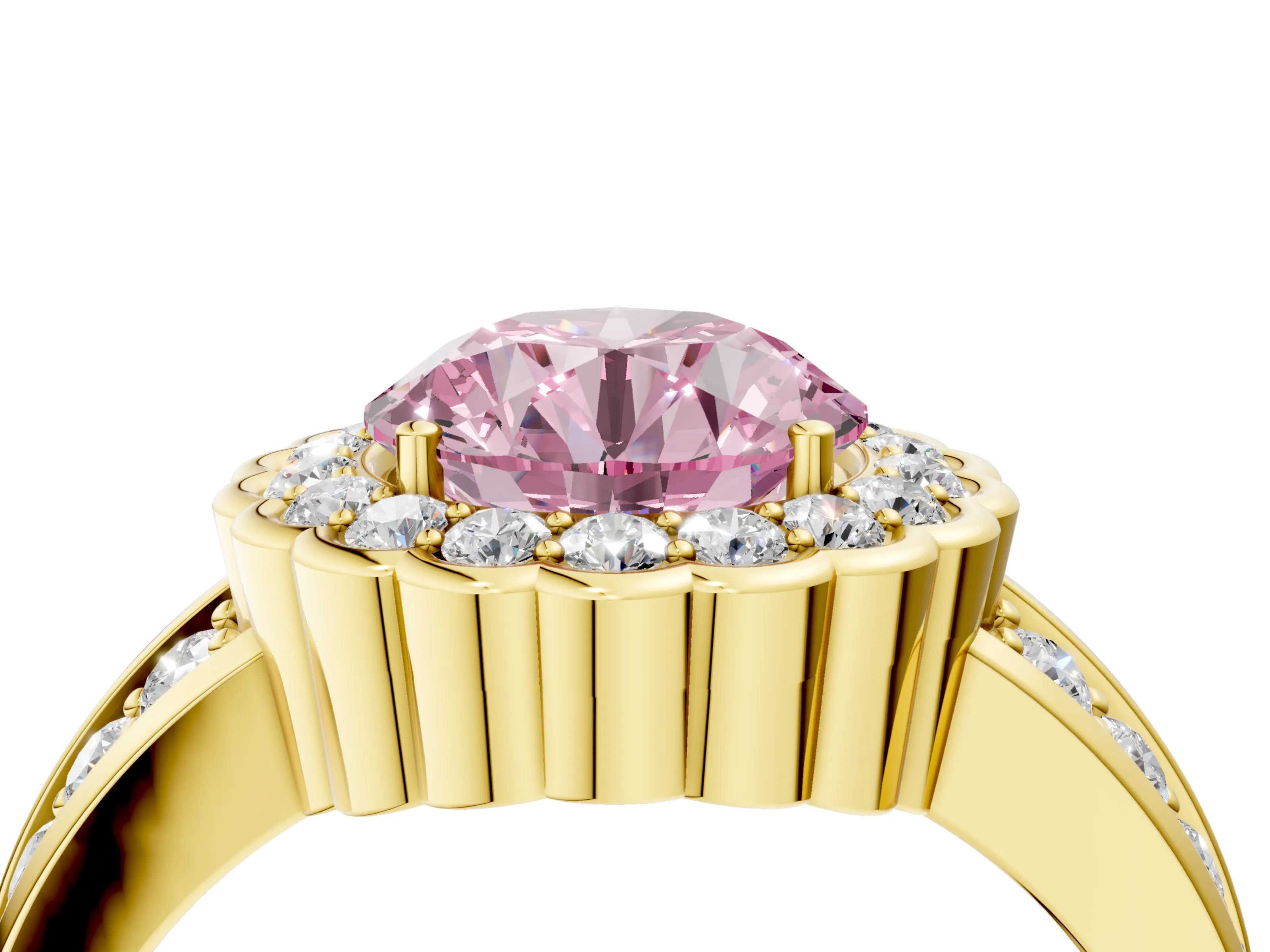 Yellow gold Fancy Pink Round Cut Halo Diamond Split Shank Ring with Scalloped Prong Setting_4