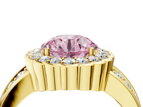 Yellow gold Fancy Pink Round Cut Halo Diamond Split Shank Ring with Scalloped Prong Setting_4