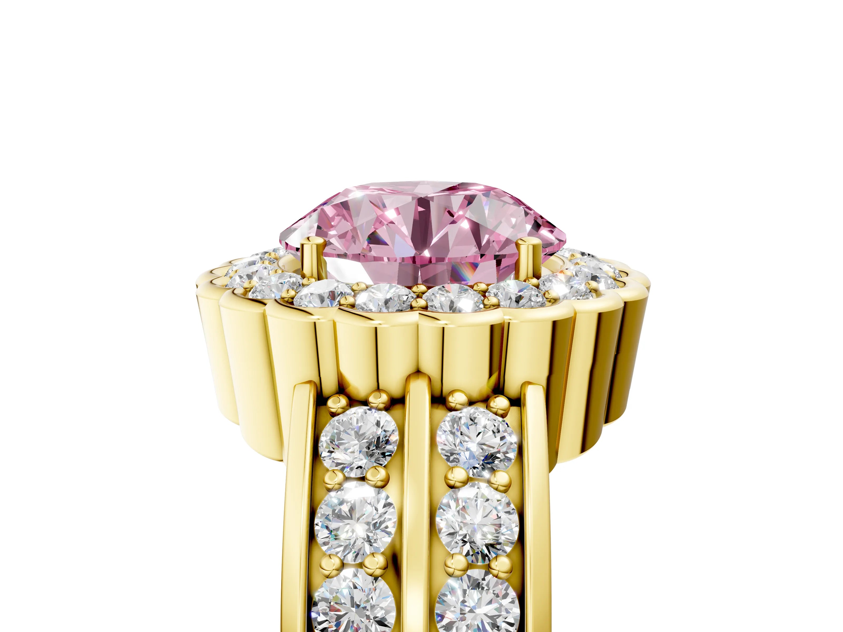 Yellow gold Fancy Pink Round Cut Halo Diamond Split Shank Ring with Scalloped Prong Setting_5