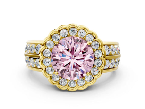Yellow gold Fancy Pink Round Cut Halo Diamond Split Shank Ring with Scalloped Prong Setting