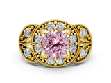 Yellow gold Fancy Pink Round Cut Halo Milgrain Diamond Engagement Ring with Leaf Band and Four-Prong Setting