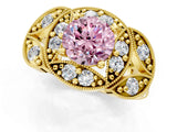 Yellow gold Fancy Pink Round Cut Halo Milgrain Diamond Engagement Ring with Leaf Band and Four-Prong Setting_1