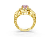 Yellow gold Fancy Pink Round Cut Halo Milgrain Diamond Engagement Ring with Leaf Band and Four-Prong Setting_3