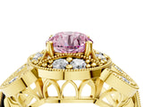 Yellow gold Fancy Pink Round Cut Halo Milgrain Diamond Engagement Ring with Leaf Band and Four-Prong Setting_4