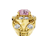 Yellow gold Fancy Pink Round Cut Halo Milgrain Diamond Engagement Ring with Leaf Band and Four-Prong Setting_5