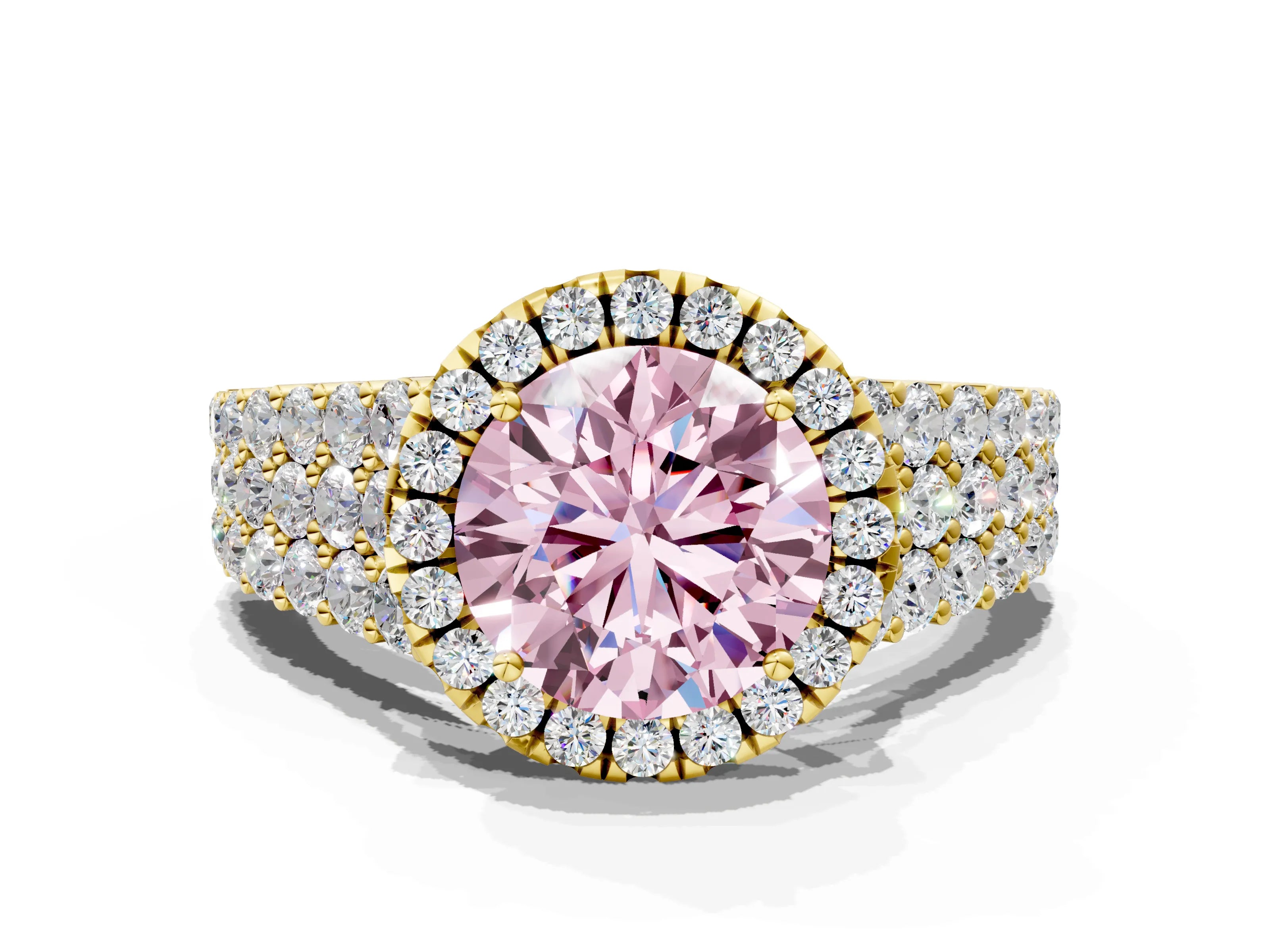 Yellow gold Fancy Pink Round Cut Halo Pavé Diamond Engagement Ring with Split Shank and Four-Prong Setting_3