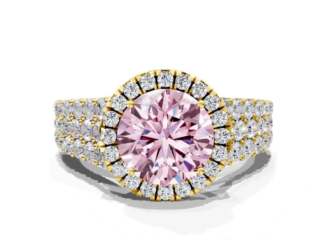 Yellow gold Fancy Pink Round Cut Halo Pavé Diamond Engagement Ring with Split Shank and Four-Prong Setting_3