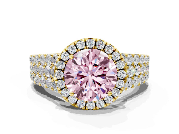 Yellow gold Fancy Pink Round Cut Halo Pavé Diamond Engagement Ring with Split Shank and Four-Prong Setting