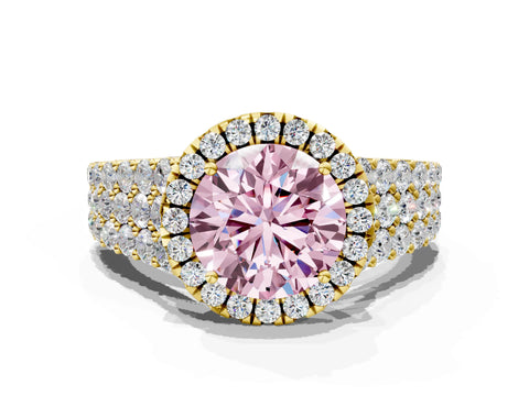 Yellow gold Fancy Pink Round Cut Halo Pavé Diamond Engagement Ring with Split Shank and Four-Prong Setting_3