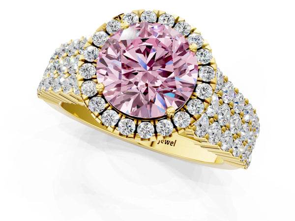 Yellow gold Fancy Pink Round Cut Halo Pavé Diamond Engagement Ring with Split Shank and Four-Prong Setting