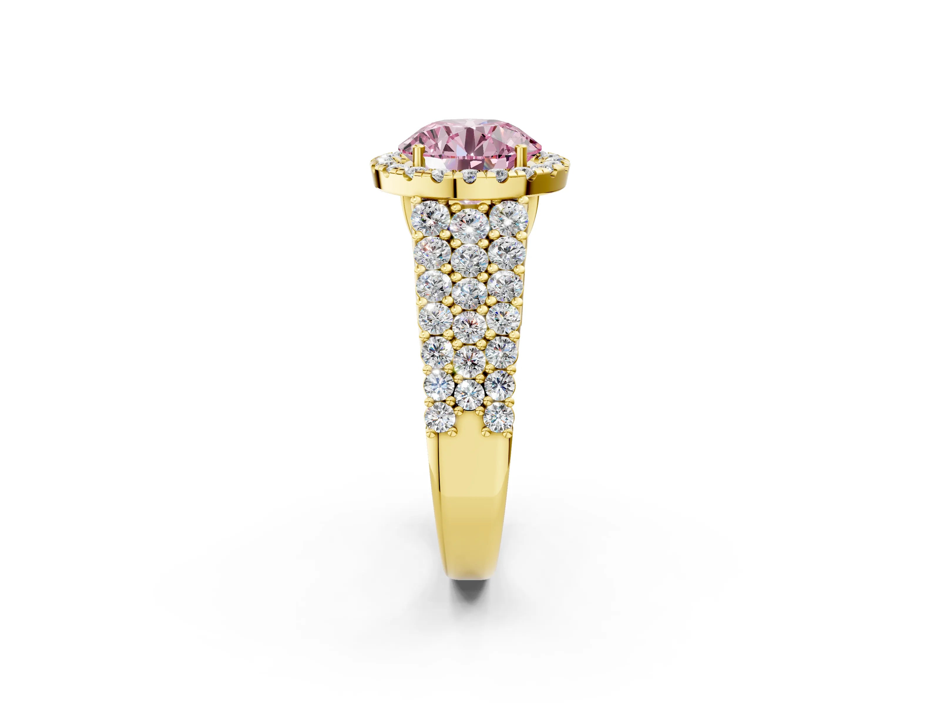 Yellow gold Fancy Pink Round Cut Halo Pavé Diamond Engagement Ring with Split Shank and Four-Prong Setting_5