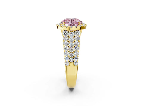 Yellow gold Fancy Pink Round Cut Halo Pavé Diamond Engagement Ring with Split Shank and Four-Prong Setting_5