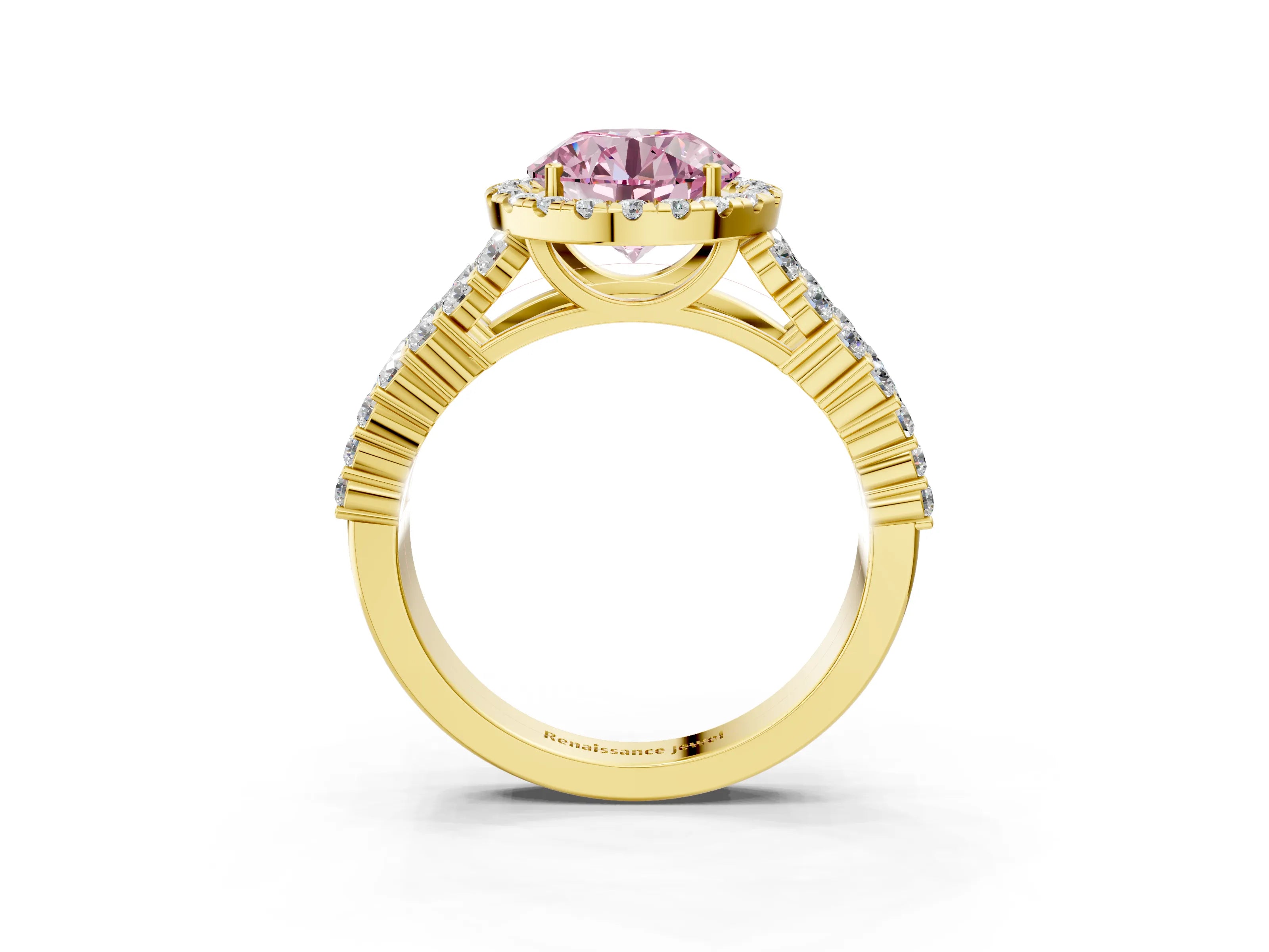 Yellow gold Fancy Pink Round Cut Halo Pavé Diamond Engagement Ring with Split Shank and Four-Prong Setting_6