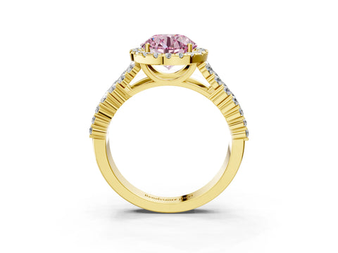 Yellow gold Fancy Pink Round Cut Halo Pavé Diamond Engagement Ring with Split Shank and Four-Prong Setting_6
