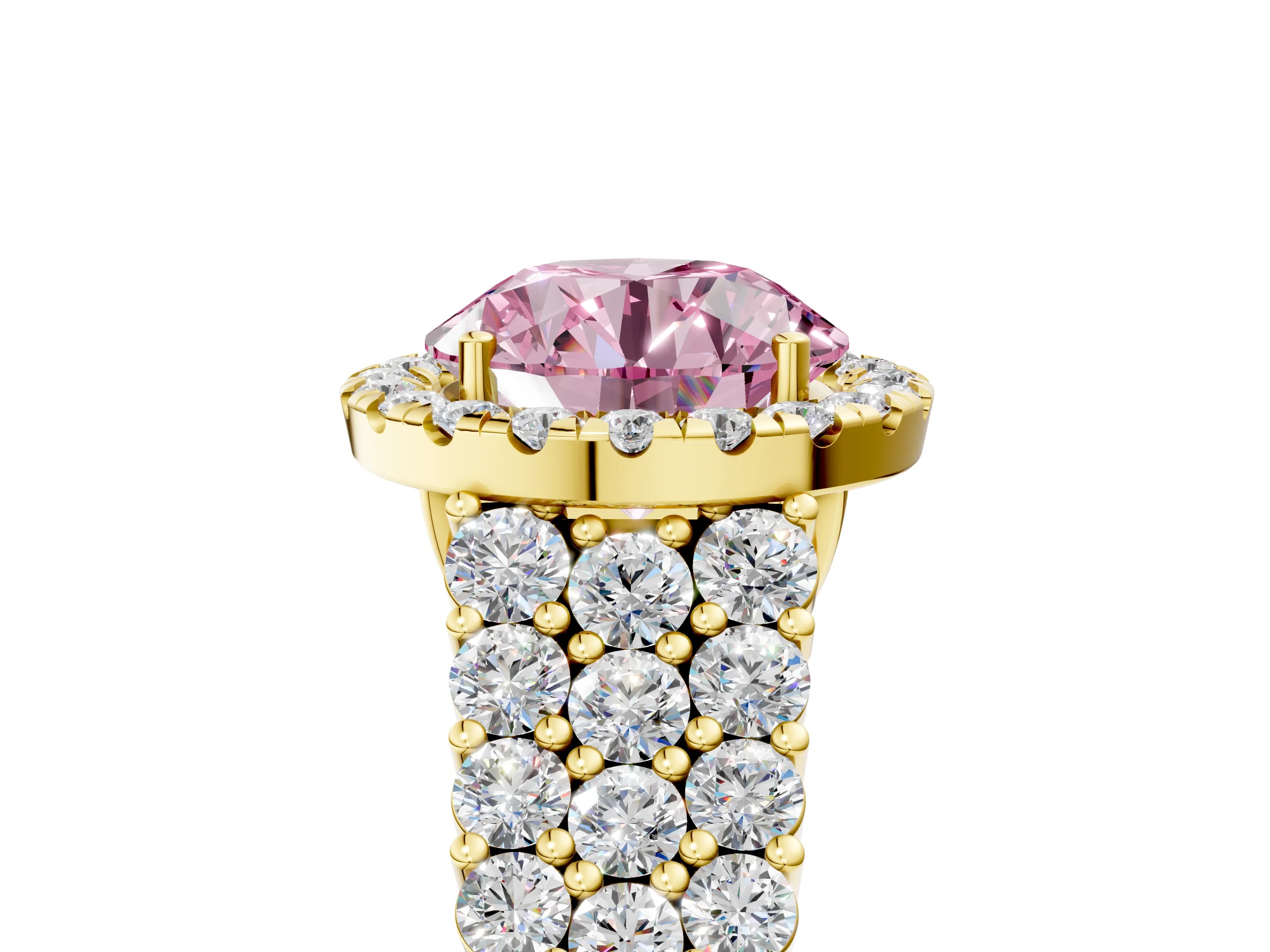Yellow gold Fancy Pink Round Cut Halo Pavé Diamond Engagement Ring with Split Shank and Four-Prong Setting_8