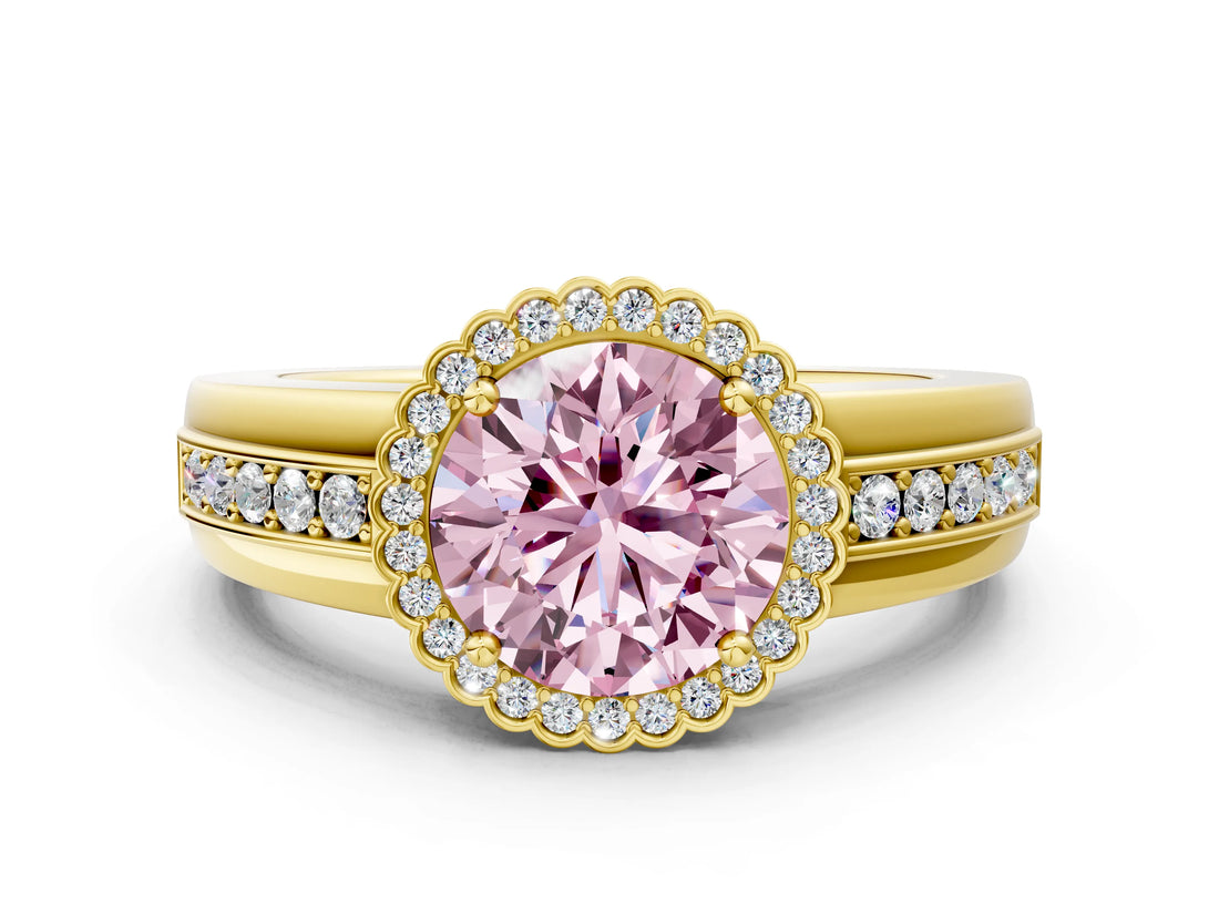 Yellow gold Fancy Pink Round  Cut Halo Pave Band Four-Prong Ring_29