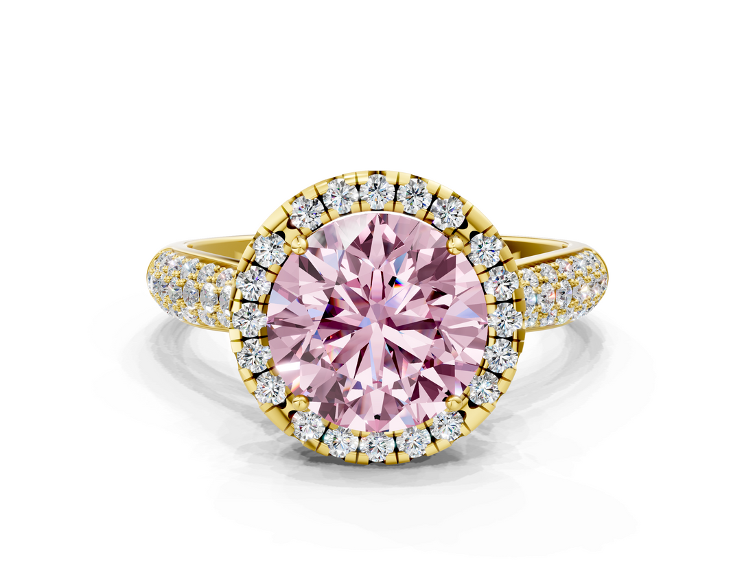 Yellow gold Fancy Pink Round  Cut Halo Pave Band Four-Prong Setting Ring
