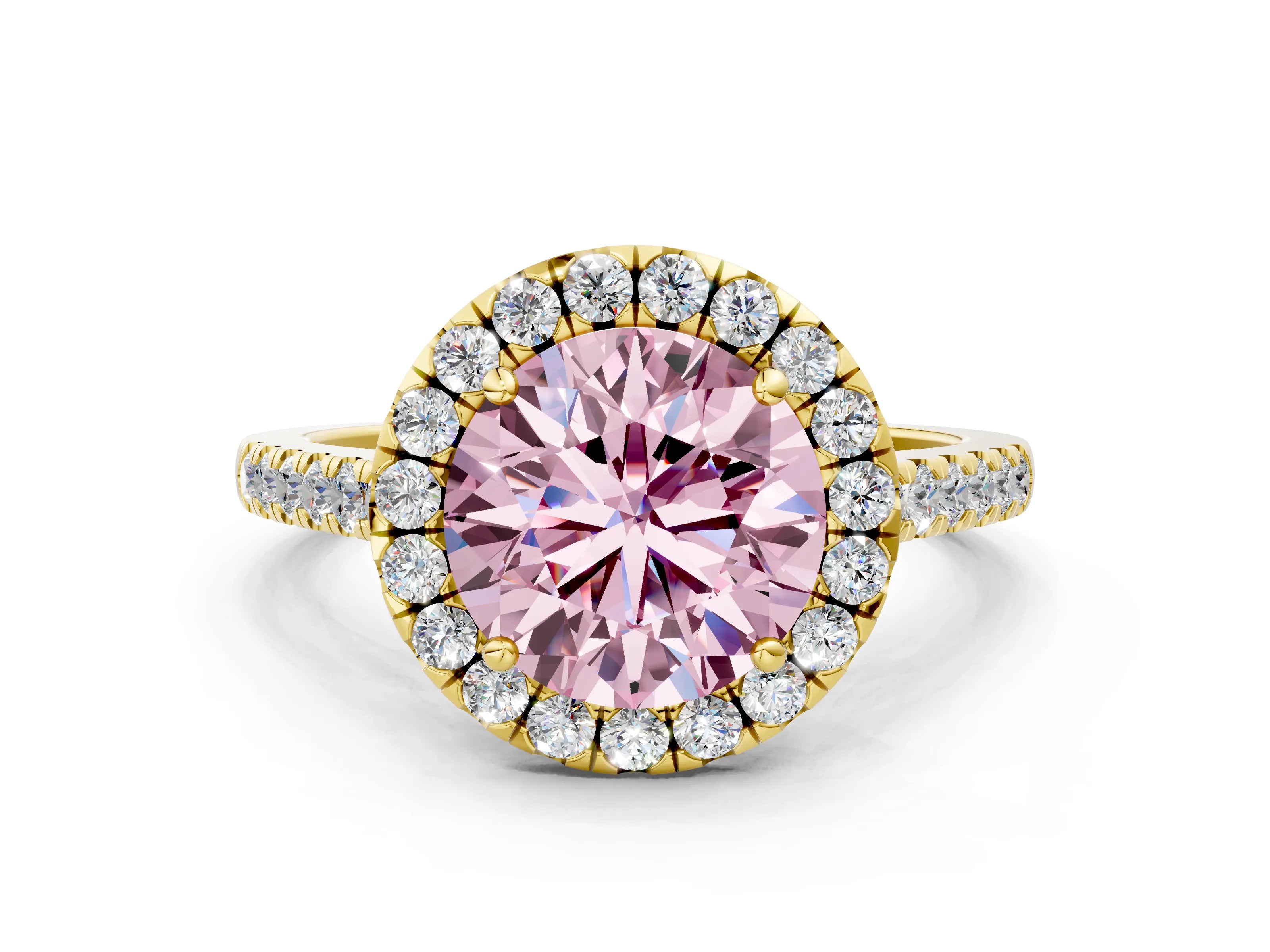 Yellow gold Fancy Pink Round Cut Halo Pave Diamond Engagement Ring with Four-Prong Setting