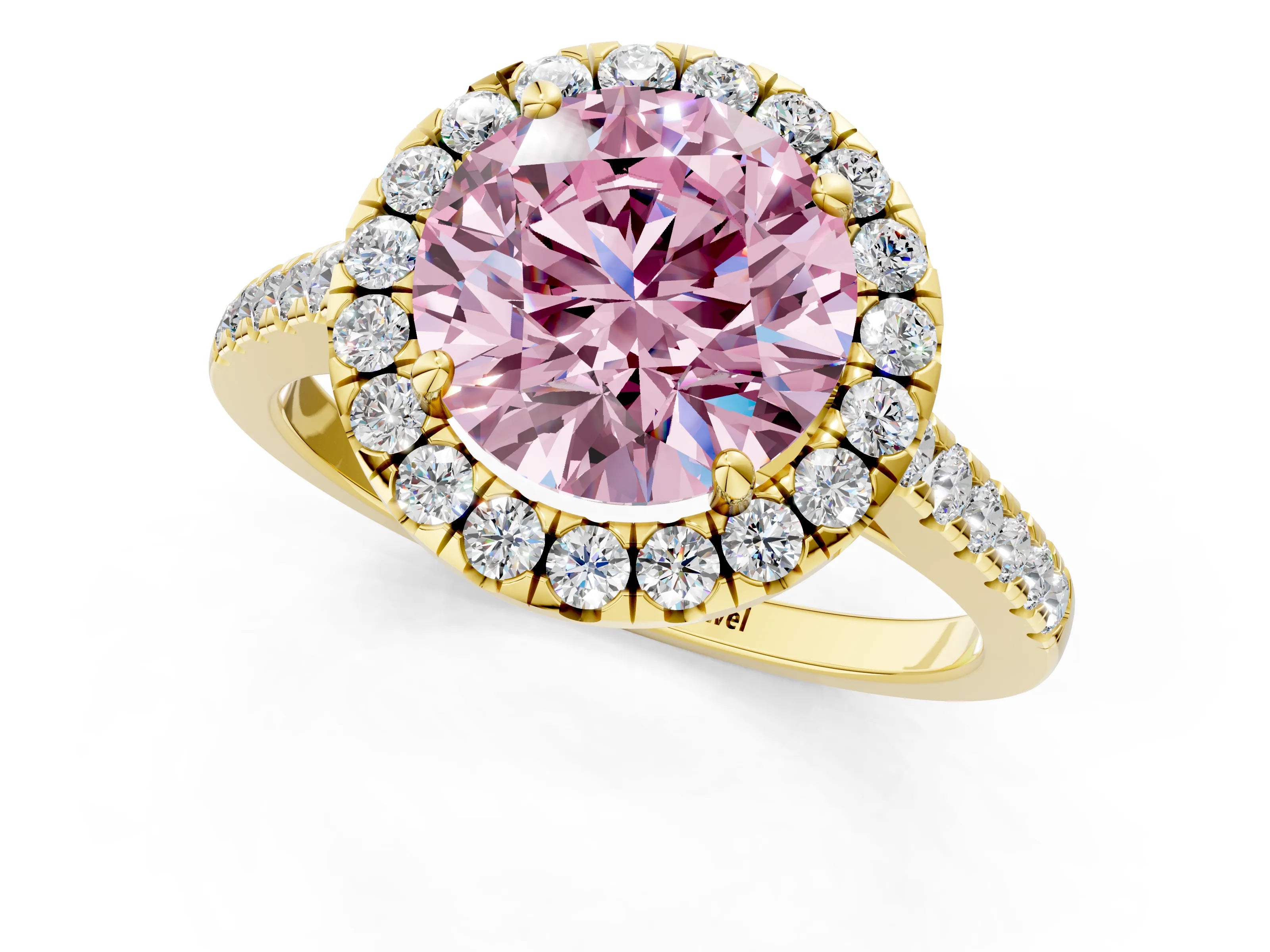 Yellow gold Fancy Pink Round Cut Halo Pave Diamond Engagement Ring with Four-Prong Setting_1