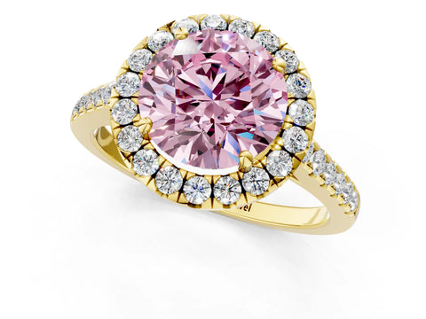 Yellow gold Fancy Pink Round Cut Halo Pave Diamond Engagement Ring with Four-Prong Setting_1