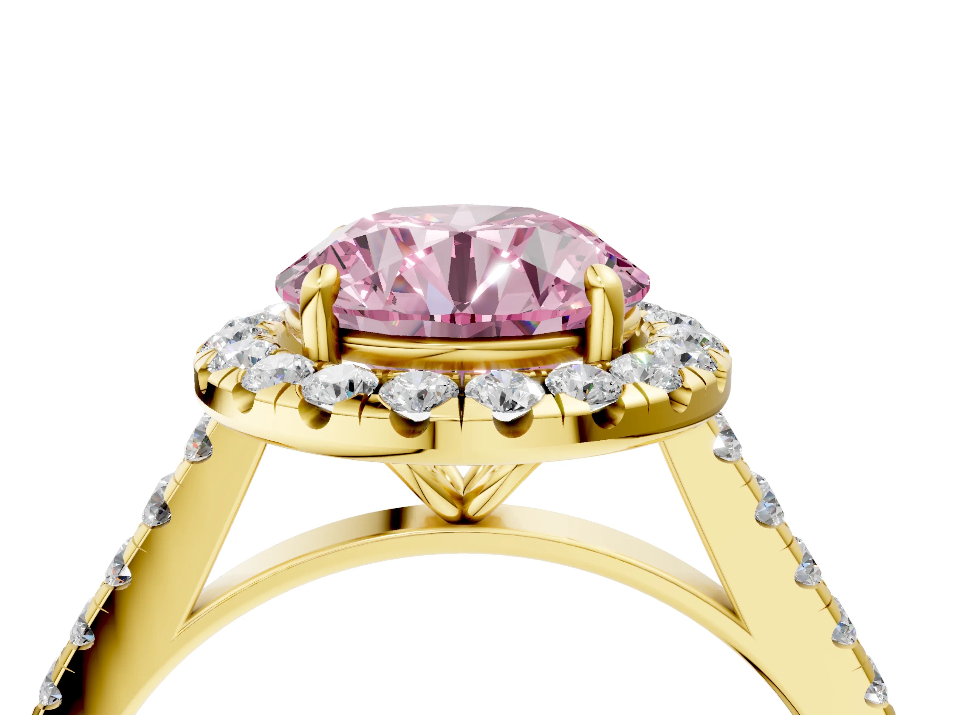 Yellow gold Fancy Pink Round Cut Halo Pave Diamond Engagement Ring with Four-Prong Setting_4