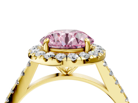 Yellow gold Fancy Pink Round Cut Halo Pave Diamond Engagement Ring with Four-Prong Setting_4