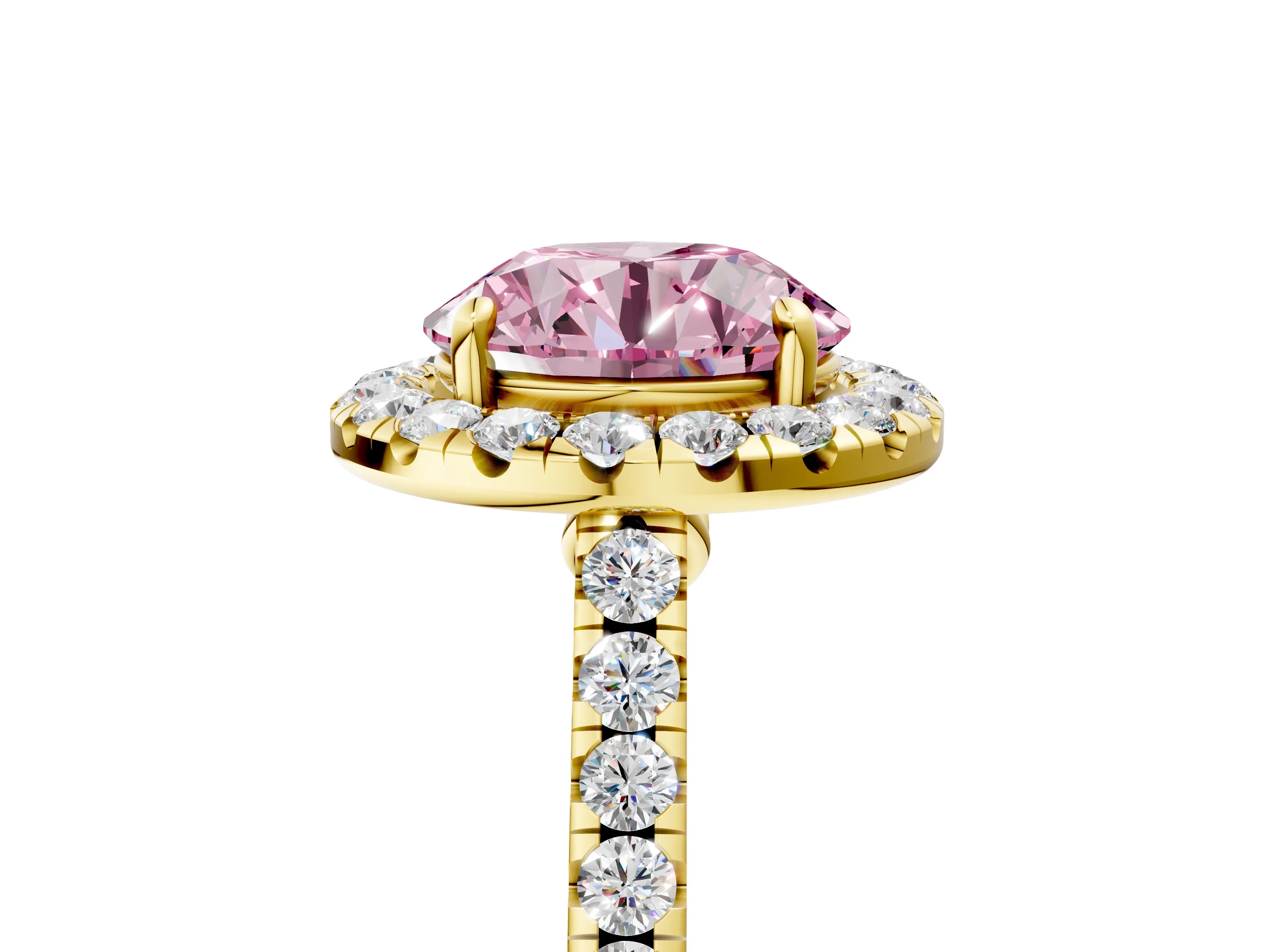 Yellow gold Fancy Pink Round Cut Halo Pave Diamond Engagement Ring with Four-Prong Setting_5