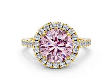 Yellow gold Fancy Pink Round Cut Halo Pave Diamond Engagement Ring with Four-Prong Setting