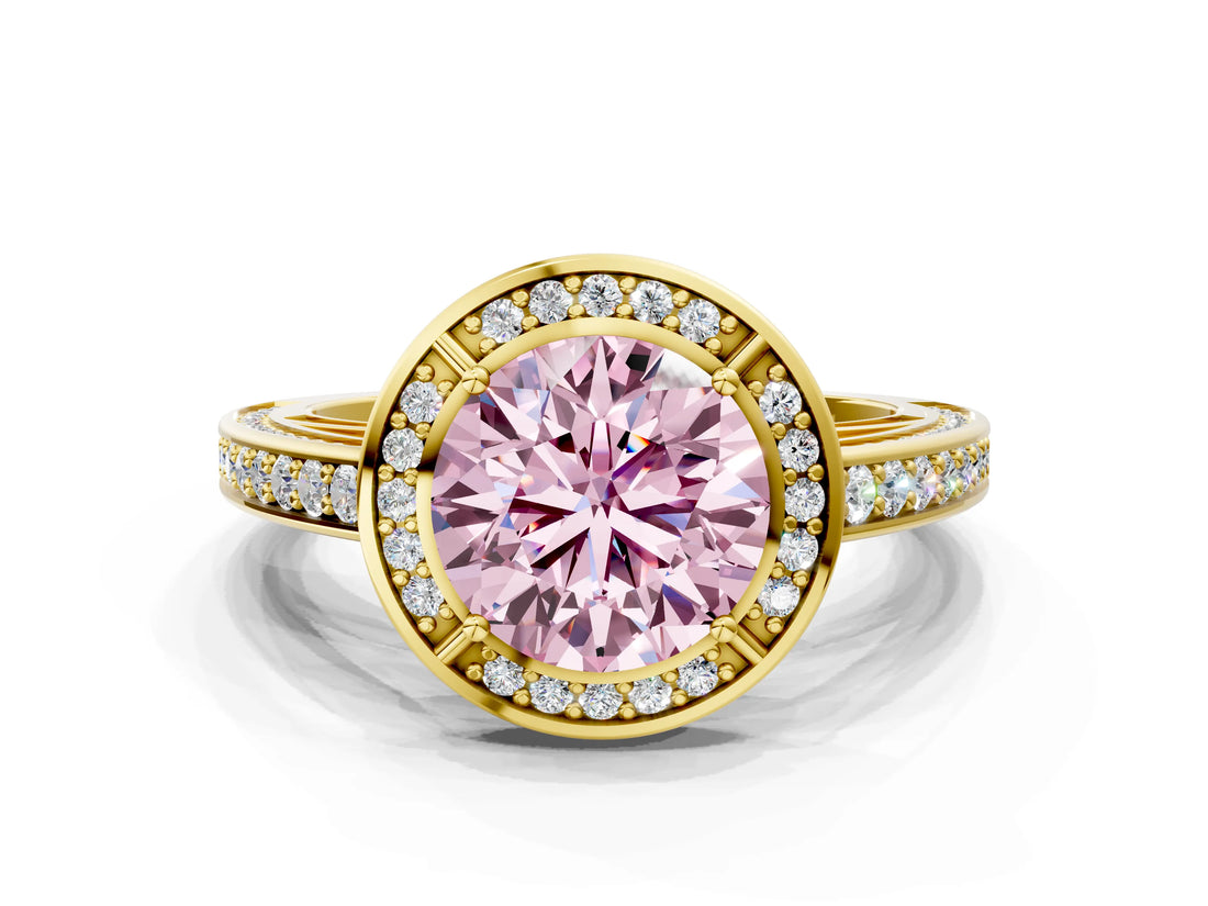 Yellow gold Fancy Pink Round  Cut Halo Pave Split Shank Prong Setting Ring_32