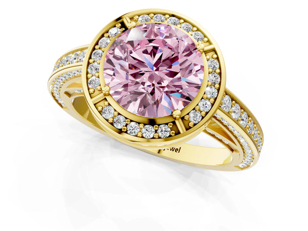 Yellow gold Fancy Pink Round  Cut Halo Pave Split Shank Prong Setting Ring