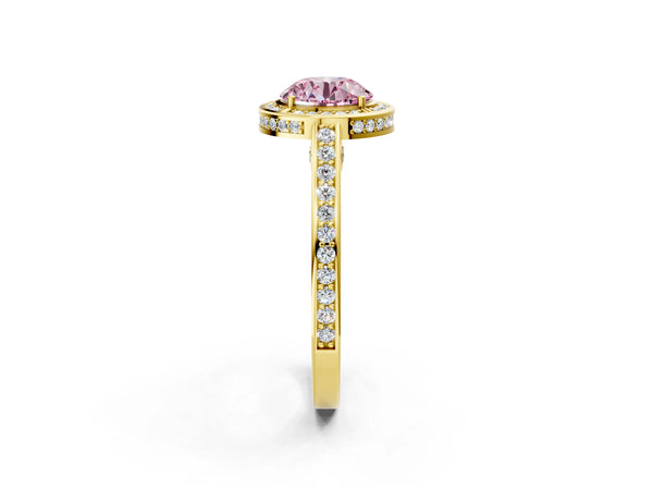 Yellow gold Fancy Pink Round  Cut Halo Pave Split Shank Prong Setting Ring