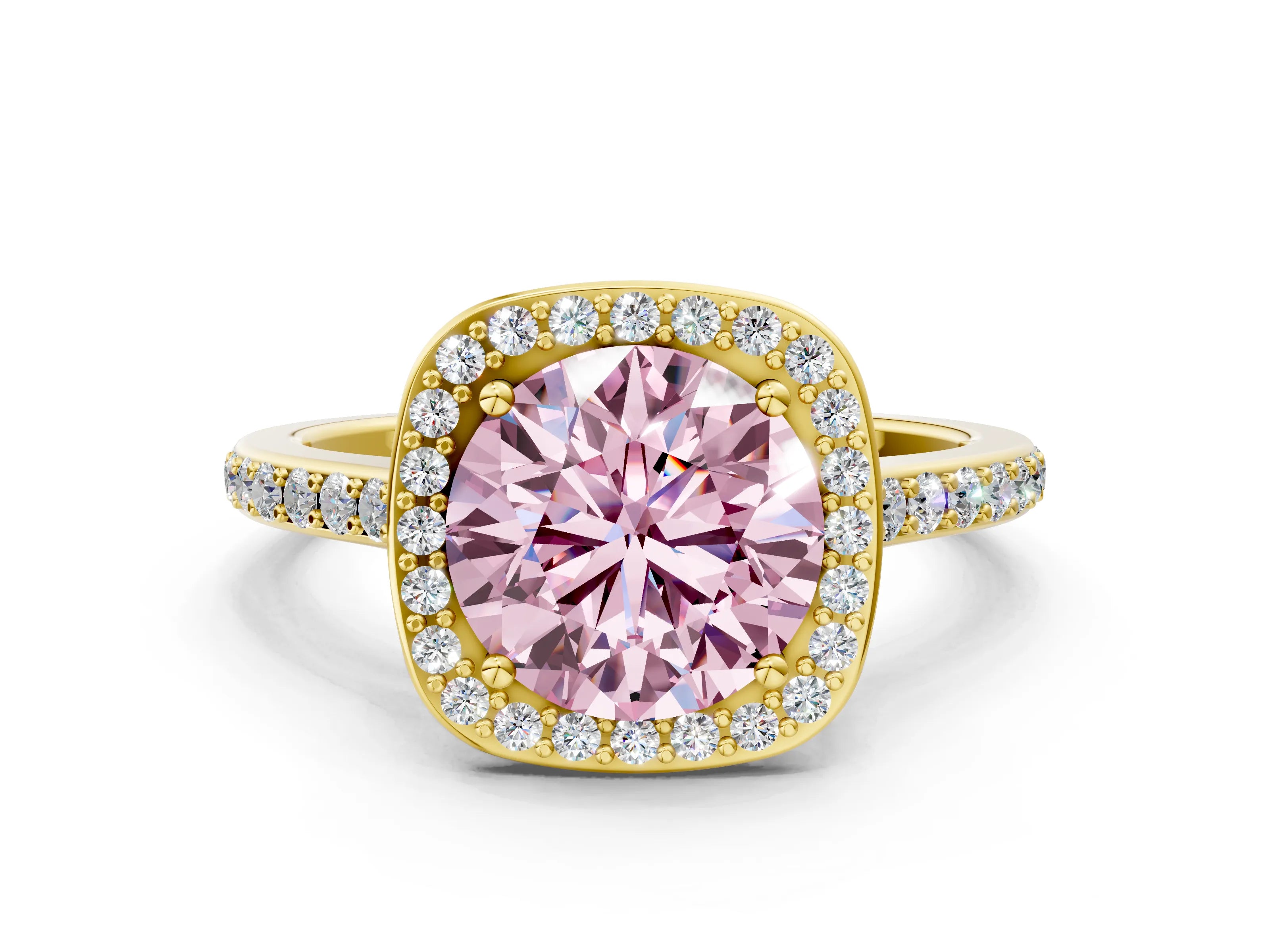 Yellow gold Fancy Pink Round Cut Halo Round Diamond Pavé Band with Four-Prong Setting_3