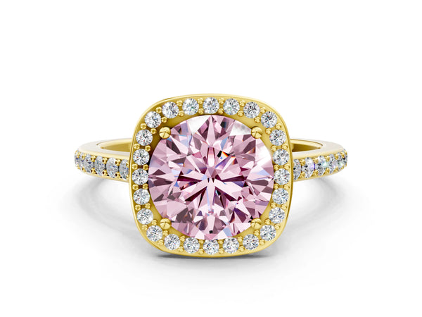 Yellow gold Fancy Pink Round Cut Halo Round Diamond Pavé Band with Four-Prong Setting