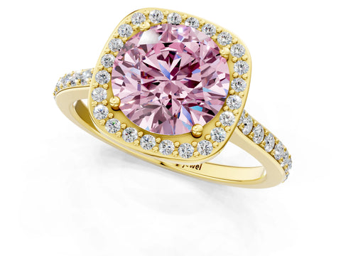 Yellow gold Fancy Pink Round Cut Halo Round Diamond Pavé Band with Four-Prong Setting_4
