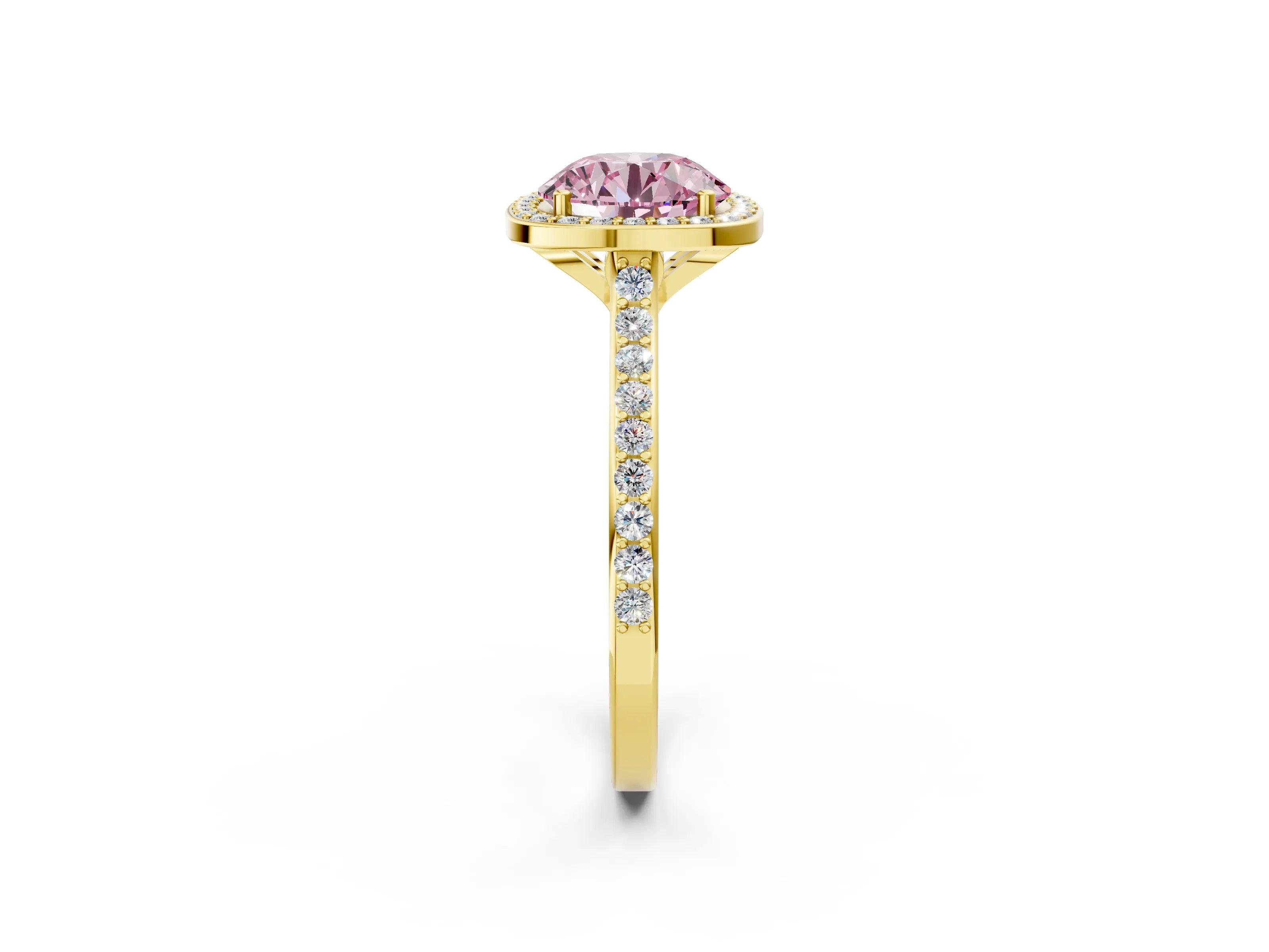 Yellow gold Fancy Pink Round Cut Halo Round Diamond Pavé Band with Four-Prong Setting_5