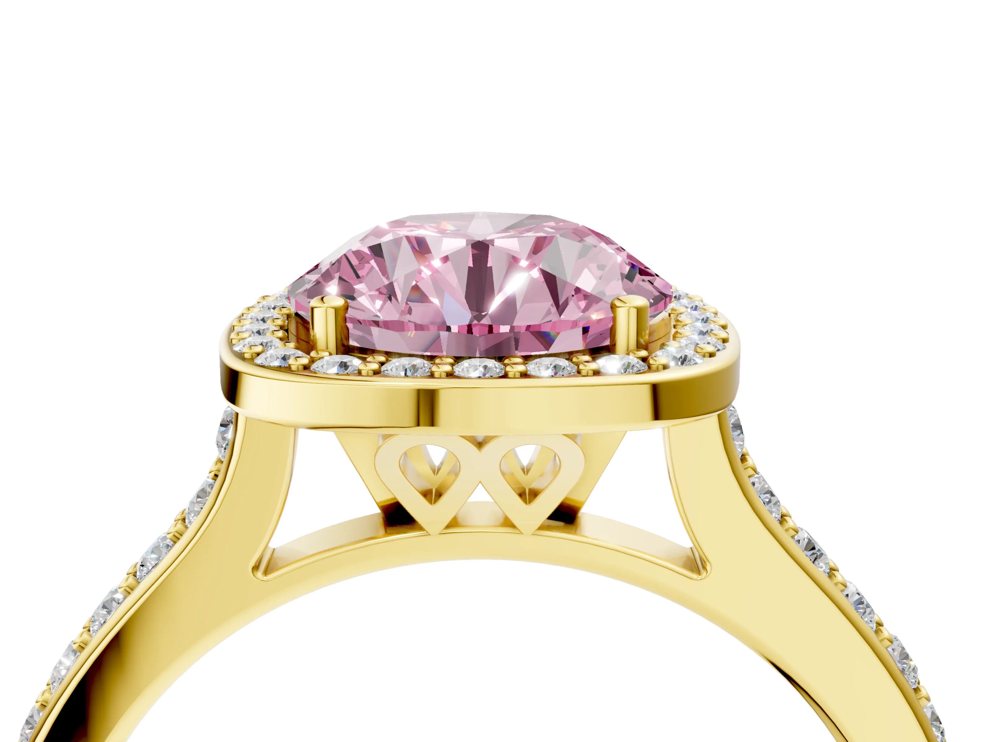 Yellow gold Fancy Pink Round Cut Halo Round Diamond Pavé Band with Four-Prong Setting_7