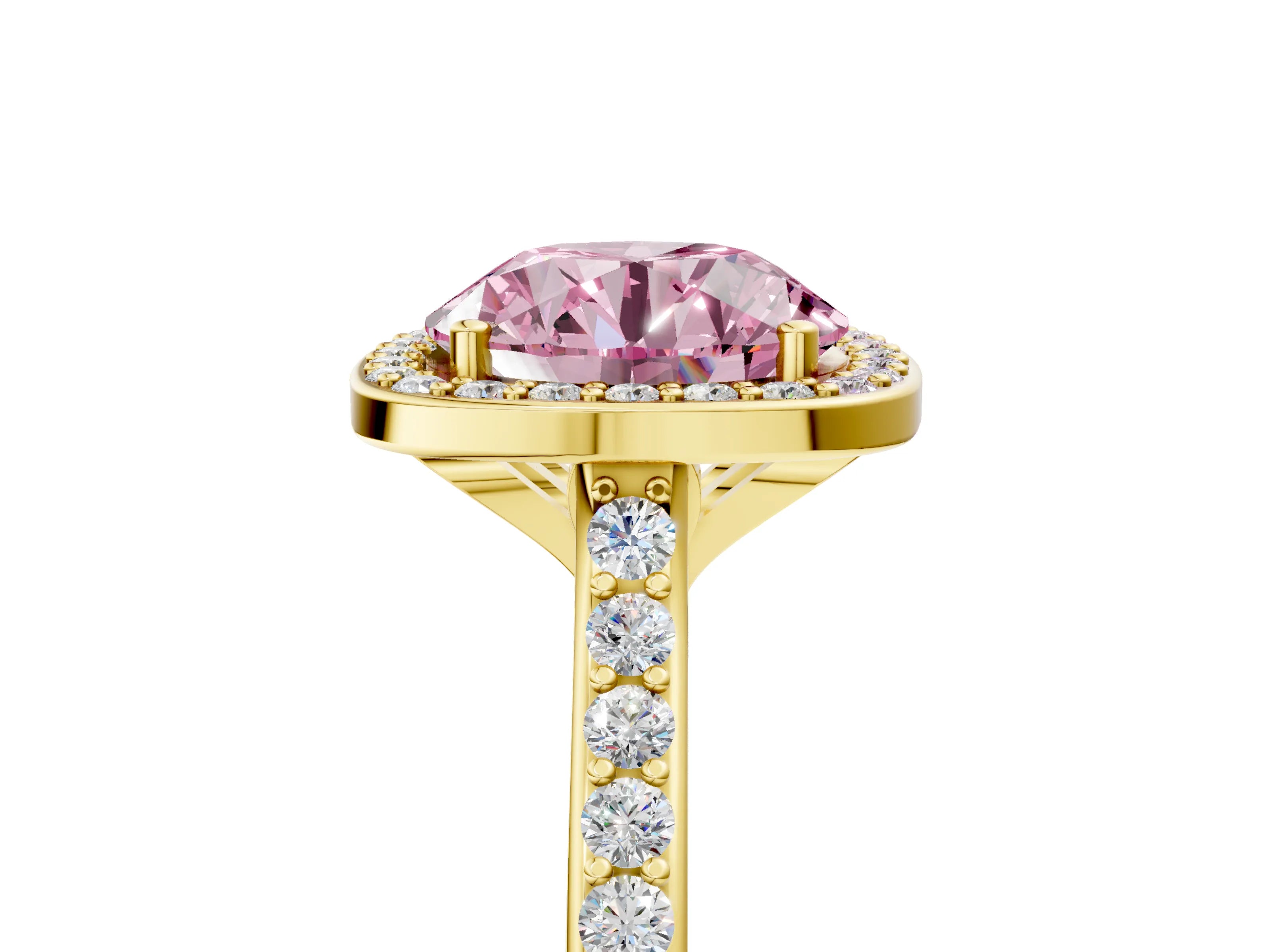 Yellow gold Fancy Pink Round Cut Halo Round Diamond Pavé Band with Four-Prong Setting_8