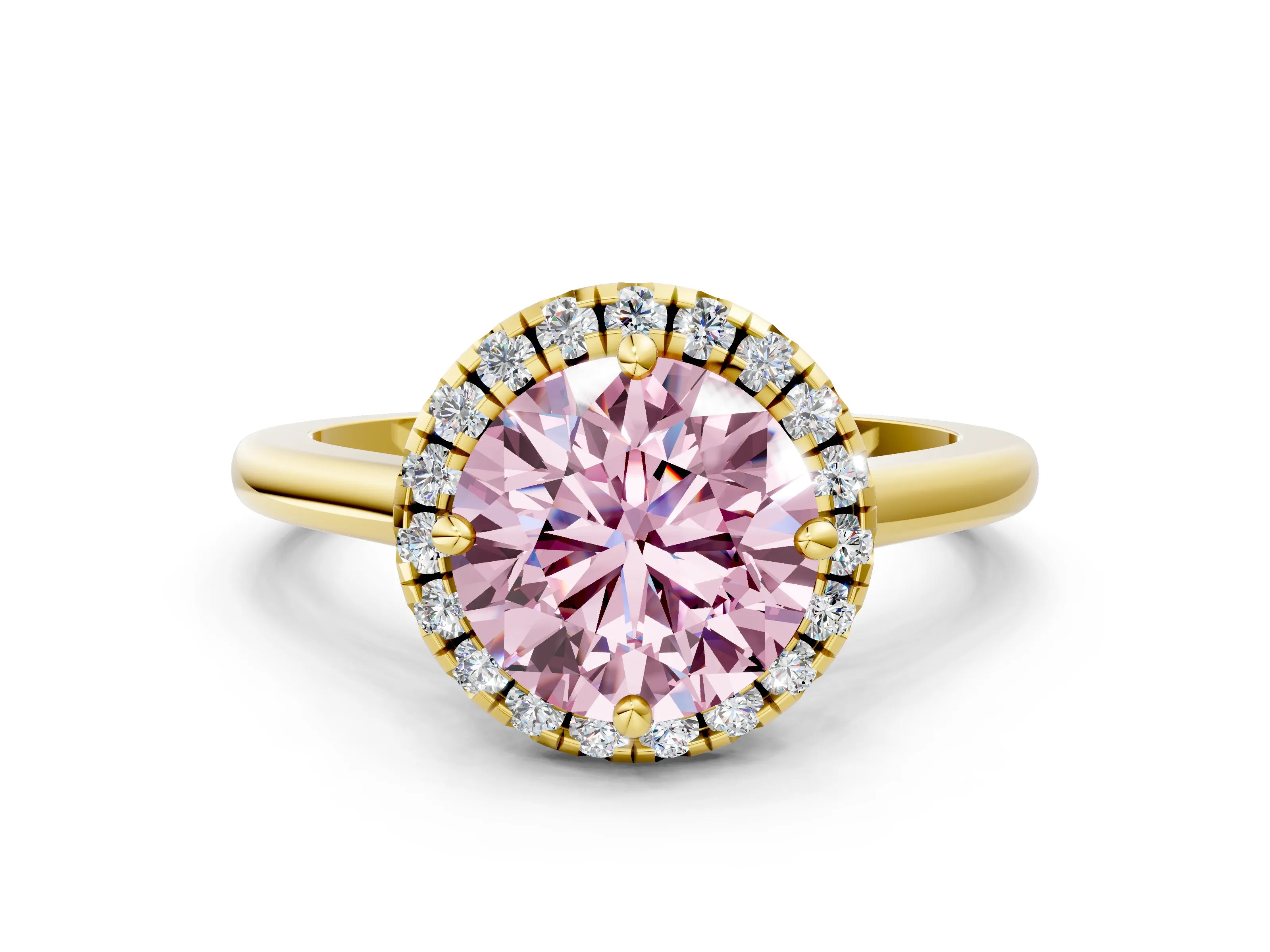 Yellow gold Fancy Pink Round Cut Halo Round Diamond Solitaire Engagement Ring with Pave Band and Four-Prong Setting_12