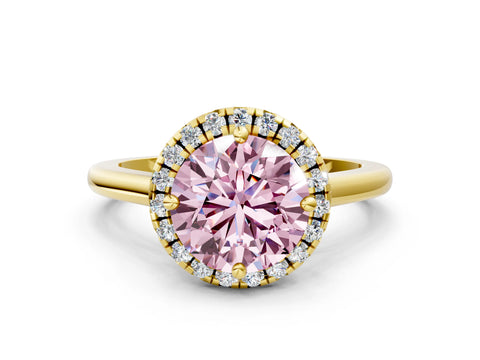 Yellow gold Fancy Pink Round Cut Halo Round Diamond Solitaire Engagement Ring with Pave Band and Four-Prong Setting_12