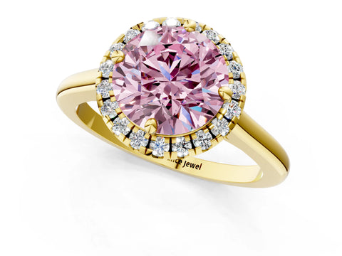 Yellow gold Fancy Pink Round Cut Halo Round Diamond Solitaire Engagement Ring with Pave Band and Four-Prong Setting_13