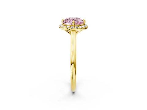 Yellow gold Fancy Pink Round Cut Halo Round Diamond Solitaire Engagement Ring with Pave Band and Four-Prong Setting_14
